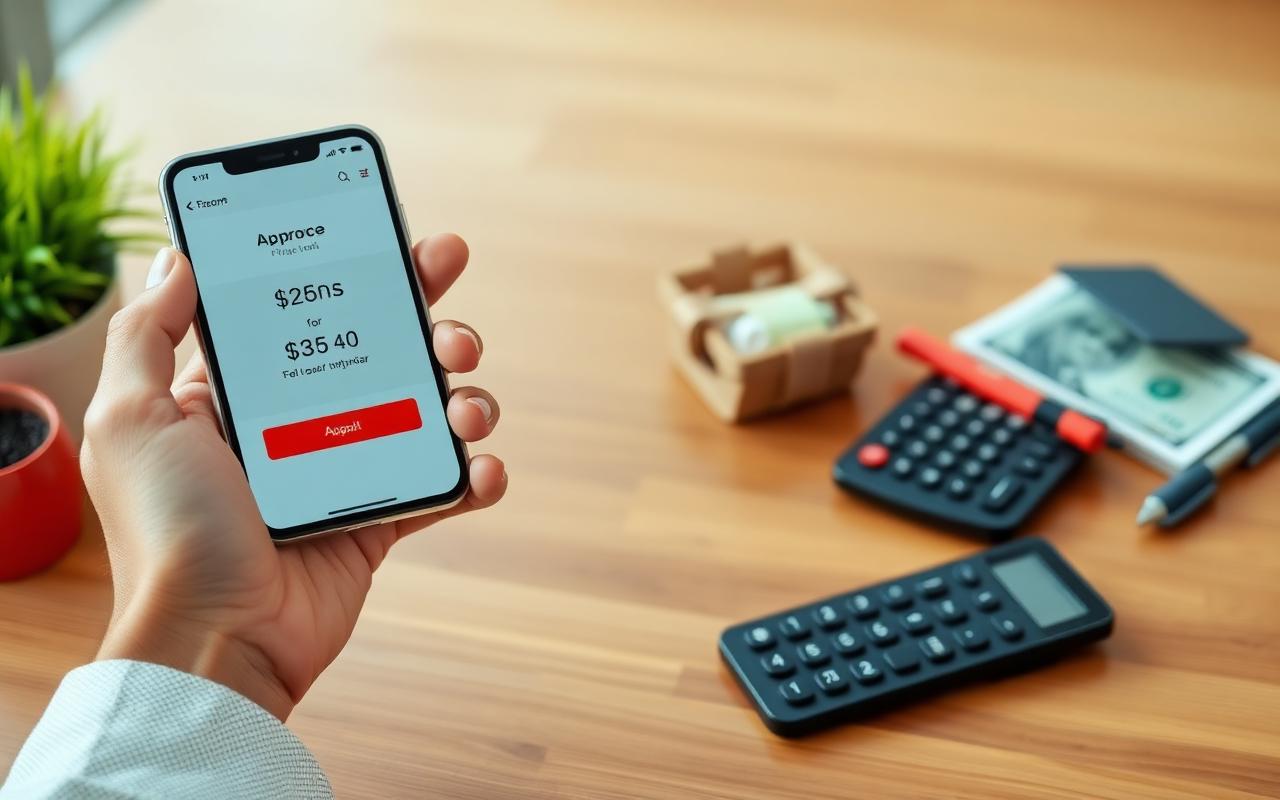 Borrower reviewing a Viva Payday Loans approval on a smartphone next to a calculator and cash